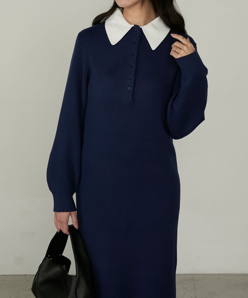 Cherir Mignon(シェリルミニョン)の「【Cherir Mignon】配色ポロニットワンピース(ワンピース・レディース・ブラック/チャコールグレー/ネイビー・FREE)」の1枚目の写真