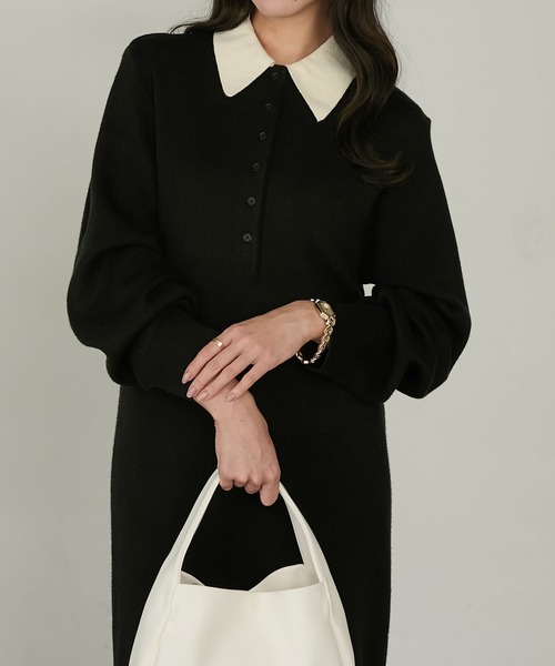 Cherir Mignon(シェリルミニョン)の「【Cherir Mignon】配色ポロニットワンピース(ワンピース・レディース・ブラック/チャコールグレー/ネイビー・FREE)」の2枚目の写真