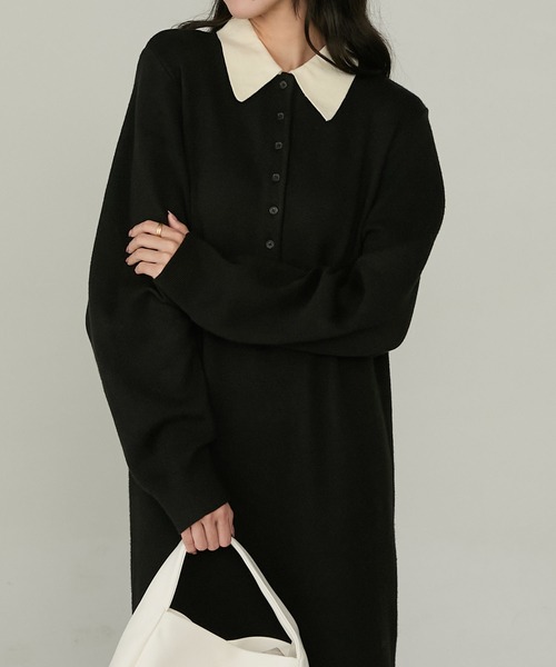 Cherir Mignon(シェリルミニョン)の「【Cherir Mignon】配色ポロニットワンピース(ワンピース・レディース・ブラック/チャコールグレー/ネイビー・FREE)」の5枚目の写真