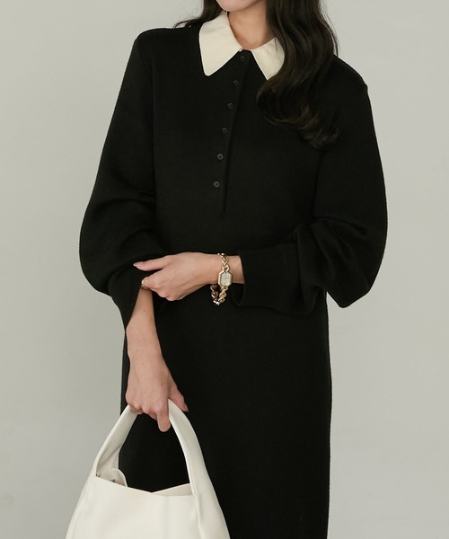 Cherir Mignon(シェリルミニョン)の「【Cherir Mignon】配色ポロニットワンピース(ワンピース・レディース・ブラック/チャコールグレー/ネイビー・FREE)」の9枚目の写真
