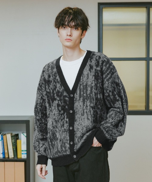 pledge　プレッジ　モヘアカーディガン　46　ブラック　グレー　長袖 セール】 ヘアリークレストブリッジチェックジャカードカーディガン
