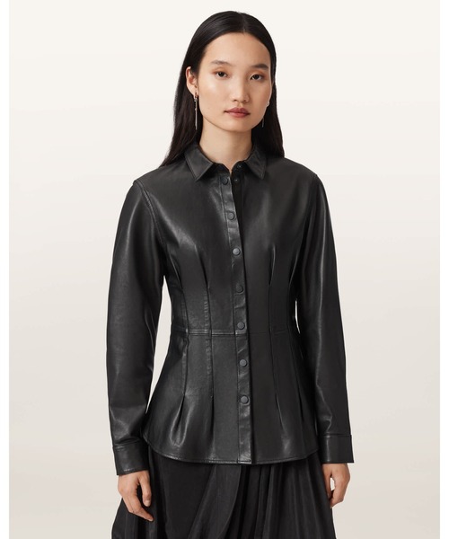 ALLSAINTS(オールセインツ)の「LARSON LEATHER PLEATED SHIRT | LARSON レザー プリーツ シャツ(シャツ/ブラウス・レディース・ブラック・6/8/10/4)」の1枚目の写真