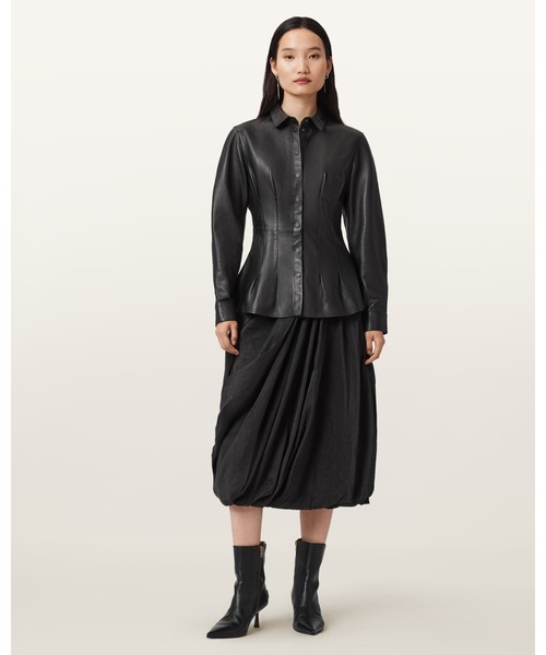 ALLSAINTS(オールセインツ)の「LARSON LEATHER PLEATED SHIRT | LARSON レザー プリーツ シャツ(シャツ/ブラウス・レディース・ブラック・6/8/10/4)」の4枚目の写真