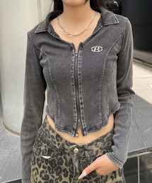 プレート付ダブルジップ スキッパー長袖トップス
