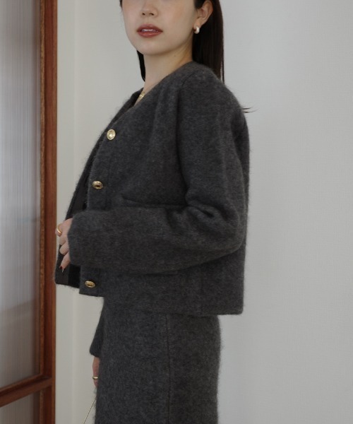 カシミアブランドノーカラーニットジャケット カシミヤブレンドノーカラーニットジャケット