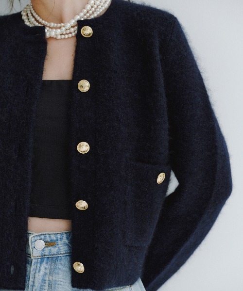 anuans カシミヤブレンドノーカラーニットジャケット カシミヤブレンドノーカラーニットジャケット