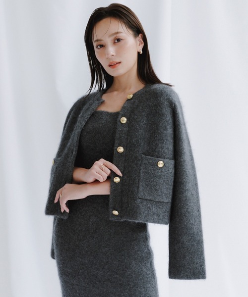 アニュアンス カシミアブレンドノーカラーニットジャケット新品ネイビー アニュアンス anuans カシミヤブレンドノーカラーニット