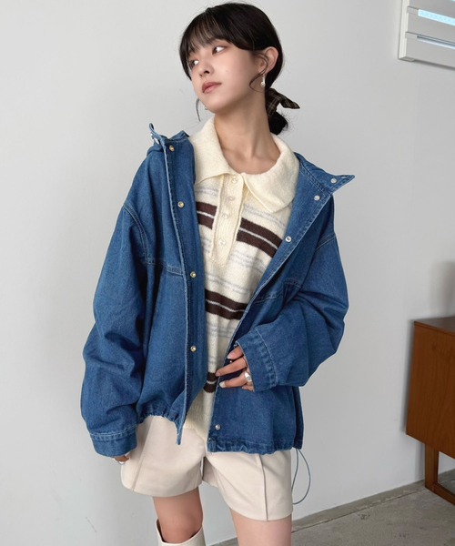 Jewelobe(ジュエローブ)の「オーバーサイズフーディーデニムブルゾン(デニムジャケット・レディース・ブルー/ネイビー・FREE)」の3枚目の写真
