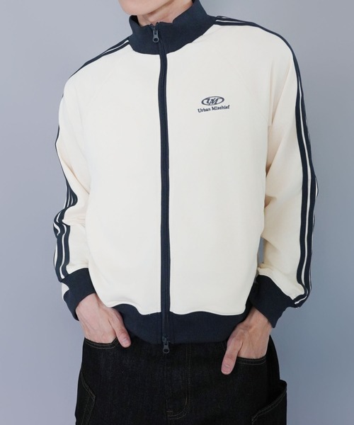 短丈ダブルジップトラックジャケット/ワンポイントロゴ/ジャージ風