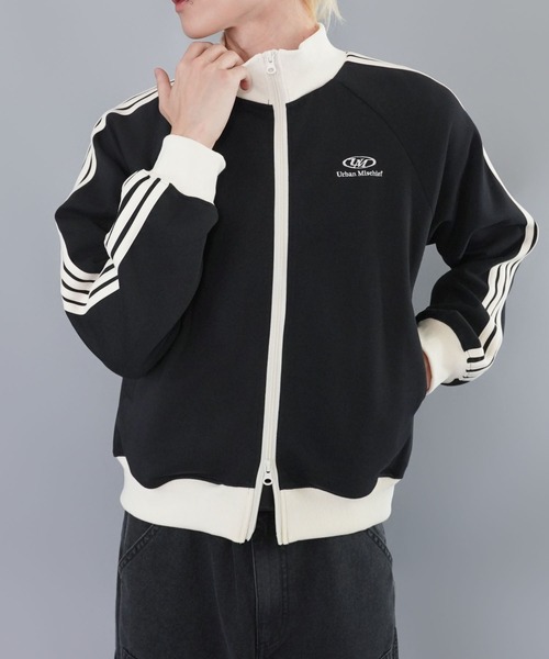 短丈ダブルジップトラックジャケット/ワンポイントロゴ/ジャージ風