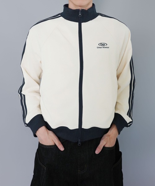 短丈ダブルジップトラックジャケット/ワンポイントロゴ/ジャージ風