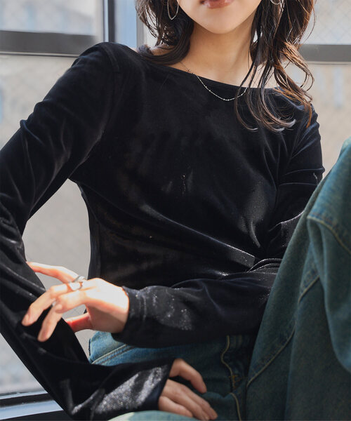 セール】バックシャンボートネックベロアトップス（Tシャツ