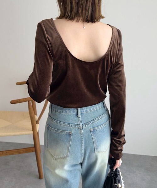 セール】バックシャンボートネックベロアトップス（Tシャツ/カットソー