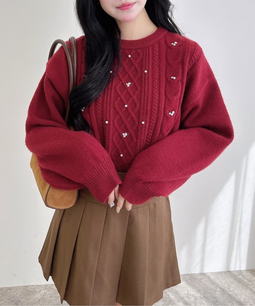 セール】ビジューパール付きもちもちケーブルニット（ニット/セーター