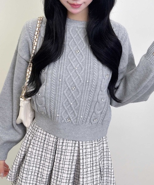 セール】ビジューパール付きもちもちケーブルニット（ニット/セーター