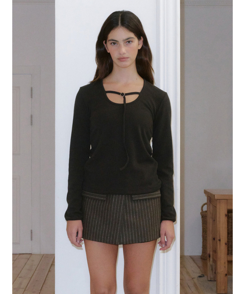 Belted U-Neck Top Dark Brown