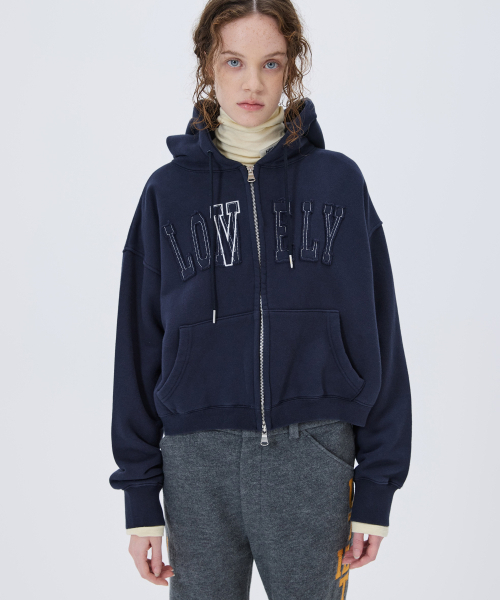LONELY/LOVELY CROP HOODIE ZIP-UP NAVY（パーカー）｜NOHANT（ノアン
