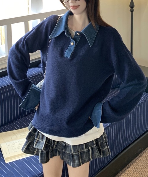 FUNdaysion(ファンデイション)の「デニムドッキングニットプルオーバー(ニット/セーター・レディース・ネイビー/レッド/グレー・M)」の7枚目の写真