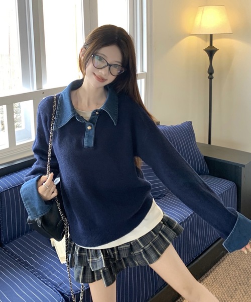 FUNdaysion(ファンデイション)の「デニムドッキングニットプルオーバー(ニット/セーター・レディース・ネイビー/レッド/グレー・M)」の8枚目の写真