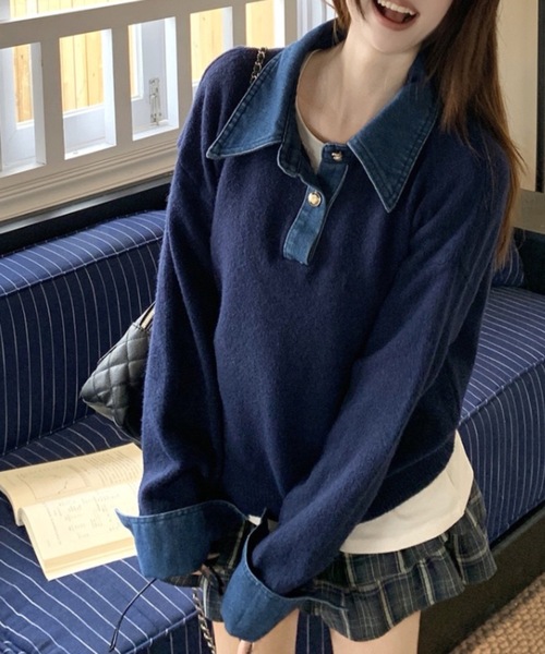 FUNdaysion(ファンデイション)の「デニムドッキングニットプルオーバー(ニット/セーター・レディース・ネイビー/レッド/グレー・M)」の9枚目の写真