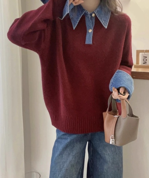 FUNdaysion(ファンデイション)の「デニムドッキングニットプルオーバー(ニット/セーター・レディース・ネイビー/レッド/グレー・M)」の12枚目の写真