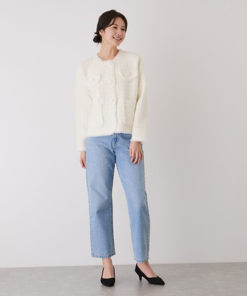 Jayro（ジャイロ）の「フリンジノーカラーニットカーディガン（カーディガン/ボレロ・レディース・サックスブルー/ブラック系その他/ホワイト系その他2・M）」の4枚目の写真