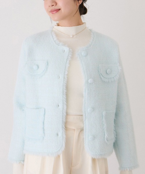 Jayro（ジャイロ）の「フリンジノーカラーニットカーディガン（カーディガン/ボレロ・レディース・サックスブルー/ブラック系その他/ホワイト系その他2・M）」の3枚目の写真