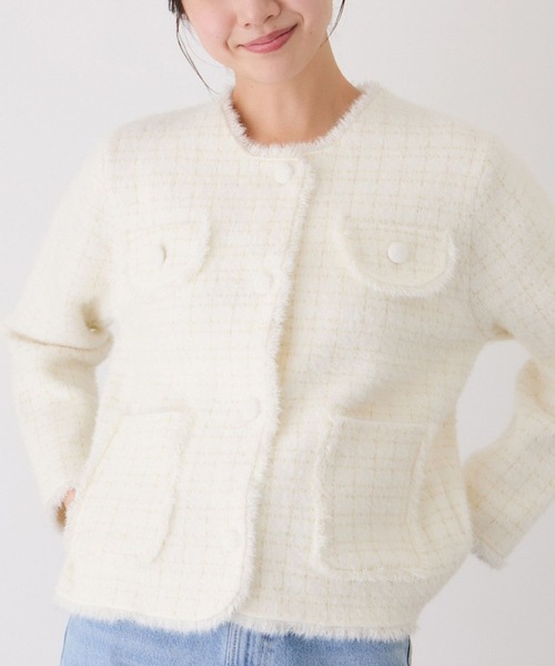 Jayro（ジャイロ）の「フリンジノーカラーニットカーディガン（カーディガン/ボレロ・レディース・サックスブルー/ブラック系その他/ホワイト系その他2・M）」の2枚目の写真