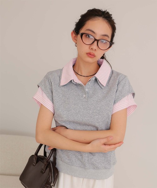 miette(ミエット)の「シャツレイヤード風ミニ裏毛トップス(Tシャツ/カットソー・レディース・ライトグレー/ネイビー/ブラック/オートミール・L/M/S)」の3枚目の写真
