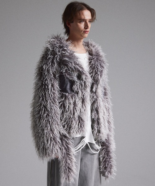 【GRANCY】 ファーボアライダースジャケット グレー L GRANCY（グランシー）の「【GRANCY】Fur Boa Riders Jacket / ファー