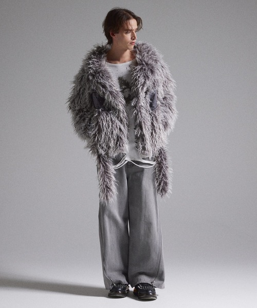 【GRANCY】 ファーボアライダースジャケット グレー L GRANCY】Fur Boa Riders Jacket / ファーボアライダースジャケット