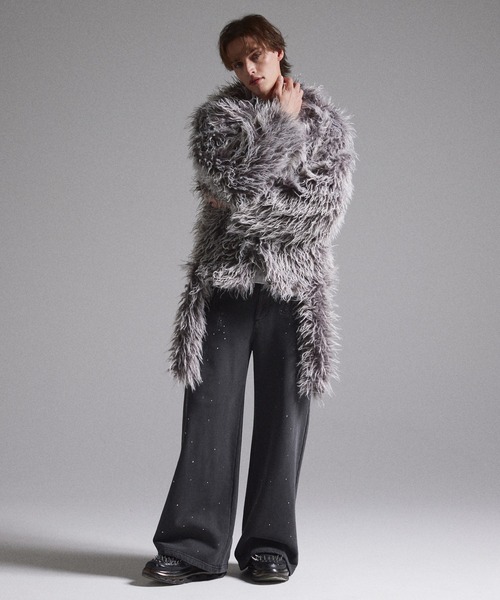 【GRANCY】 ファーボアライダースジャケット グレー L GRANCY 革ジャン ライダース 「GRANCY」Fur Boa Riders Jacket