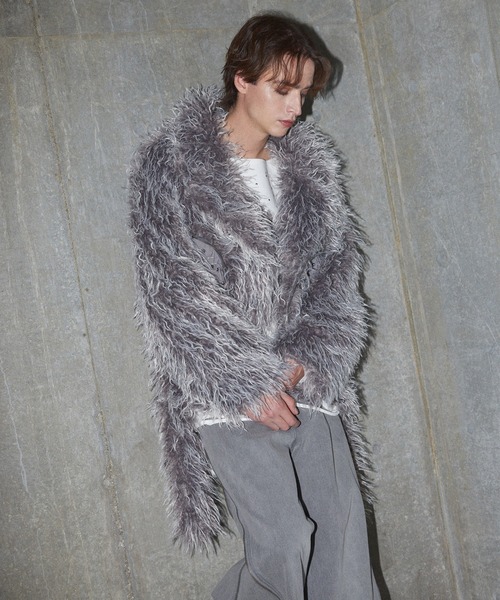 【GRANCY】 ファーボアライダースジャケット グレー L GRANCY】Fur Boa Riders Jacket / ファーボアライダースジャケット