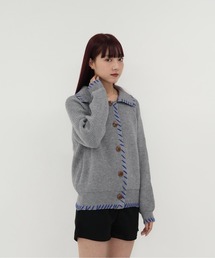 【 cunii 】配色 ステッチ 襟付き ニット カーディガン 長袖 ゆったり 羽織り トップス 韓国 ガーリー 体型カバー 春 秋 冬