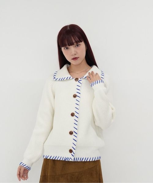 セール】【 cunii 】配色 ステッチ 襟付き ニット カーディガン 長袖
