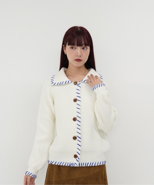 cunii 】配色 ステッチ 襟付き ニット カーディガン 長袖 ゆったり