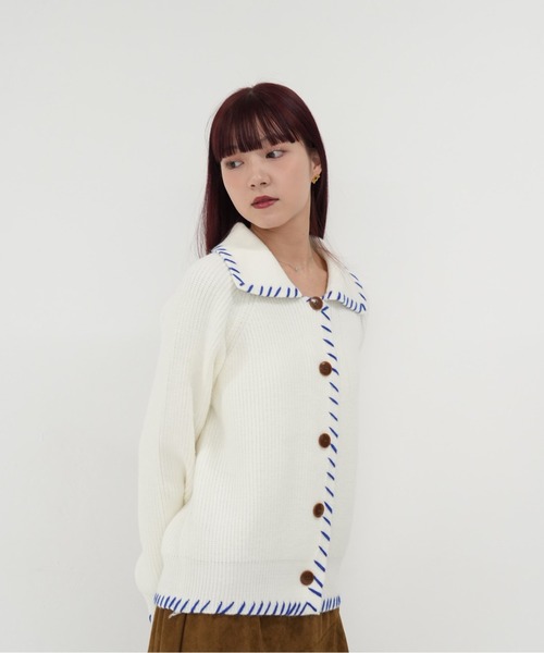 セール】【 cunii 】配色 ステッチ 襟付き ニット カーディガン 長袖