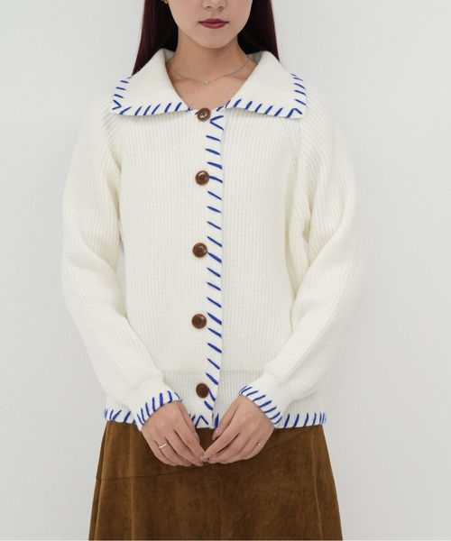 セール】【 cunii 】配色 ステッチ 襟付き ニット カーディガン 長袖
