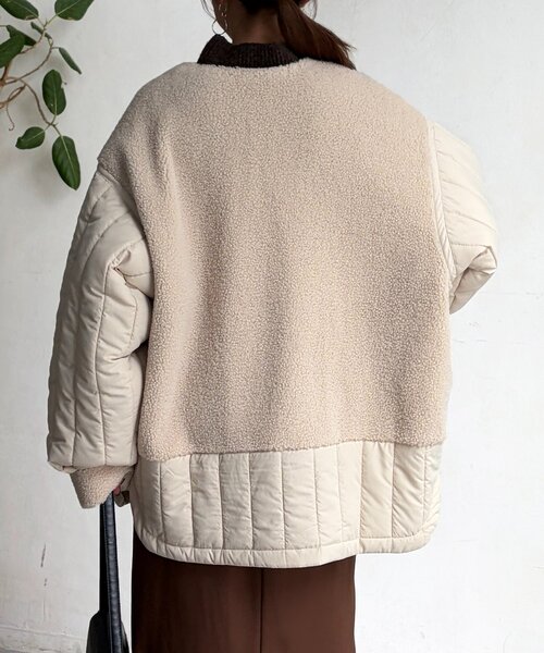 Chez toi（シェトワ）の「ボア×ストライプキルティングコート（その他アウター・レディース・ブラック/アイボリー/カーキ・FREE）」の4枚目の写真