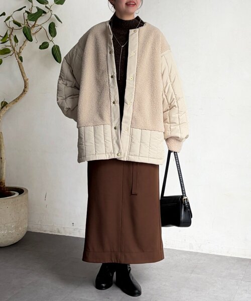 Chez toi（シェトワ）の「ボア×ストライプキルティングコート（その他アウター・レディース・ブラック/アイボリー/カーキ・FREE）」の5枚目の写真