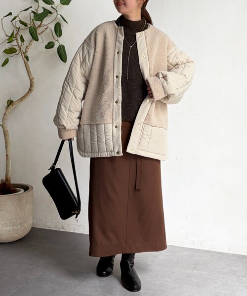 Chez toi（シェトワ）の「ボア×ストライプキルティングコート（その他アウター・レディース・ブラック/アイボリー/カーキ・FREE）」の6枚目の写真