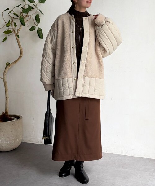 Chez toi（シェトワ）の「ボア×ストライプキルティングコート（その他アウター・レディース・ブラック/アイボリー/カーキ・FREE）」の7枚目の写真