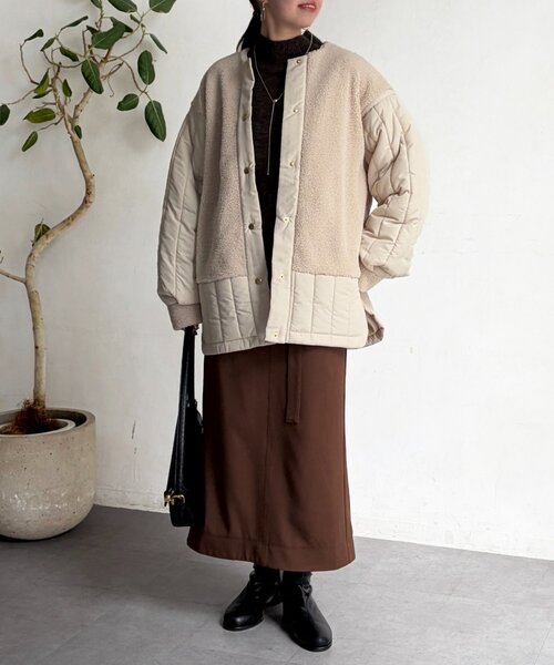 Chez toi（シェトワ）の「ボア×ストライプキルティングコート（その他アウター・レディース・ブラック/アイボリー/カーキ・FREE）」の8枚目の写真