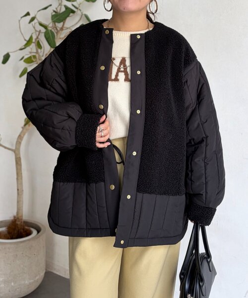 Chez toi（シェトワ）の「ボア×ストライプキルティングコート（その他アウター・レディース・ブラック/アイボリー/カーキ・FREE）」の13枚目の写真