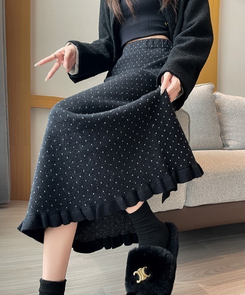 セール】裾フリルドット柄ニットスカート（スカート）｜Diosfront