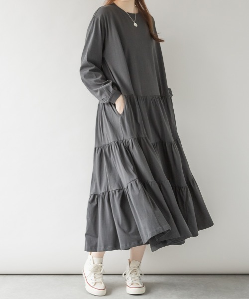 aity（アイティ）の「M-5L ティアードロングワンピース（ワンピース・レディース・ブラック/カーキ/チャコールグレー/グレイッシュベージュ・4L～5L/LL～3L/M～Ｌ）」の7枚目の写真