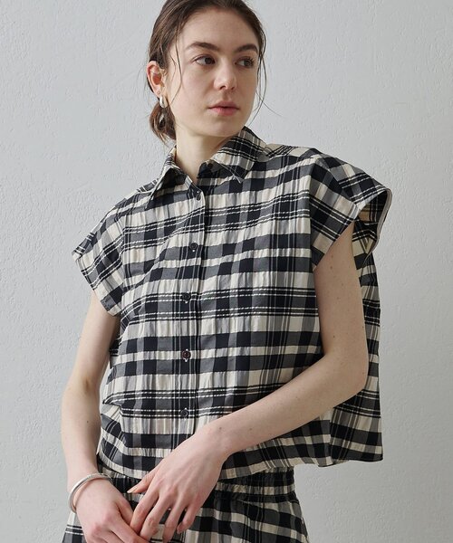 Drawing Numbers（ドローイング ナンバーズ）の「【Drawing Numbers】チェックジャガードフレンチシャツ（シャツ/ブラウス・レディース・ホワイト/ブラウン・38）」の4枚目の写真