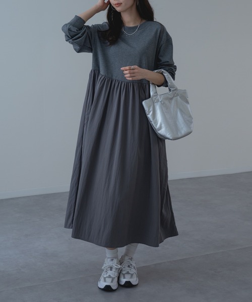 refinedworks（リファインドワークス）の「【refinedworks】異素材 切替 ワンピース！（ワンピース・レディース・ブラック/チャコールグレー・FREE）」の5枚目の写真