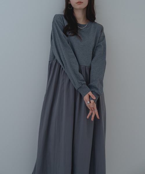 refinedworks（リファインドワークス）の「【refinedworks】異素材 切替 ワンピース！（ワンピース・レディース・ブラック/チャコールグレー・FREE）」の4枚目の写真