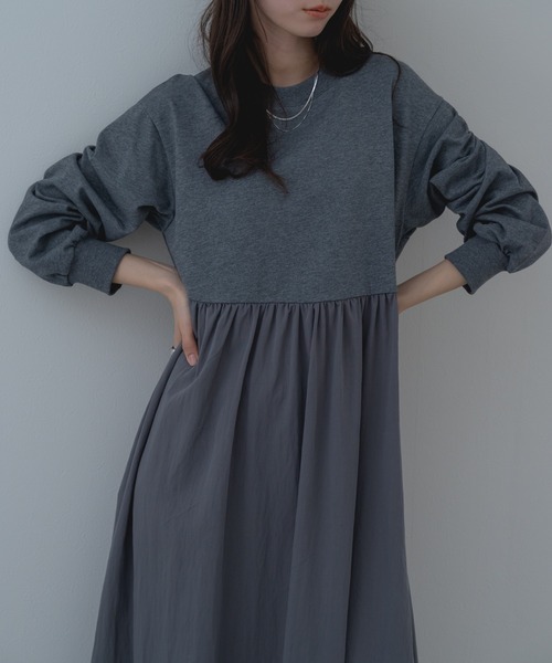 refinedworks（リファインドワークス）の「【refinedworks】異素材 切替 ワンピース！（ワンピース・レディース・ブラック/チャコールグレー・FREE）」の6枚目の写真